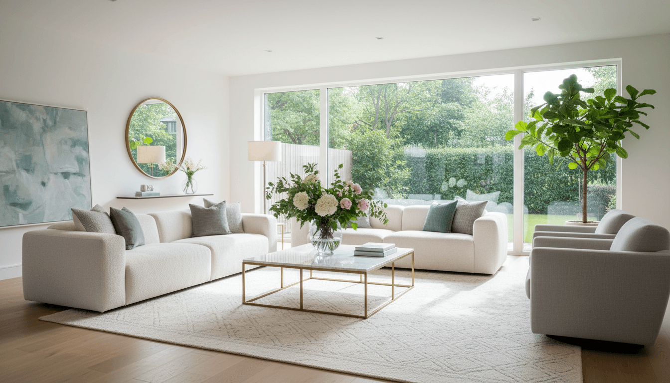 Bright clean modern living room with natural light and fresh flowers