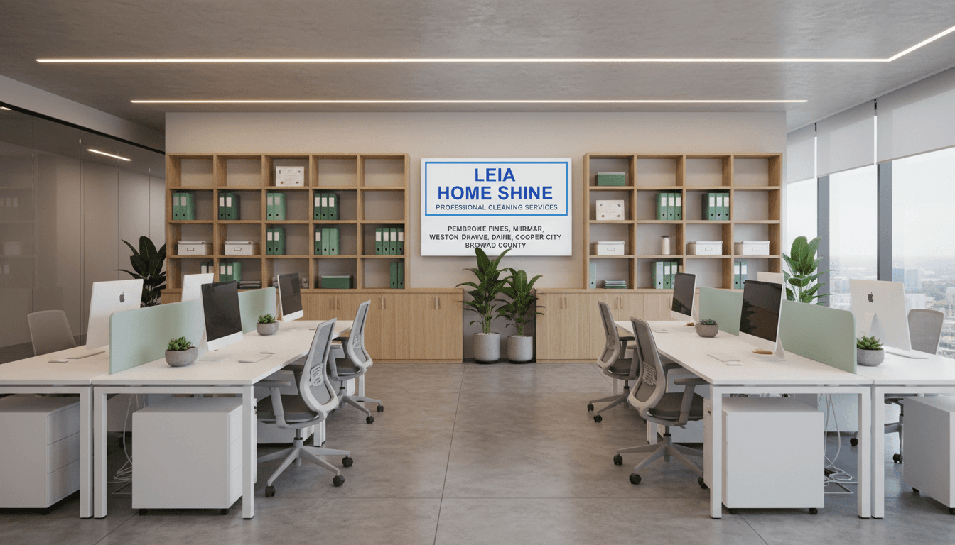 Modern office workspace with clean desks, organized shelving, and polished floors reflecting overhead lighting